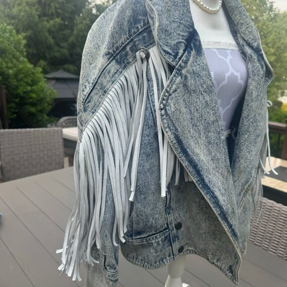 acid wash denim jacket with statement white fringe detailing on both arms and ac - Picture 2 of 6